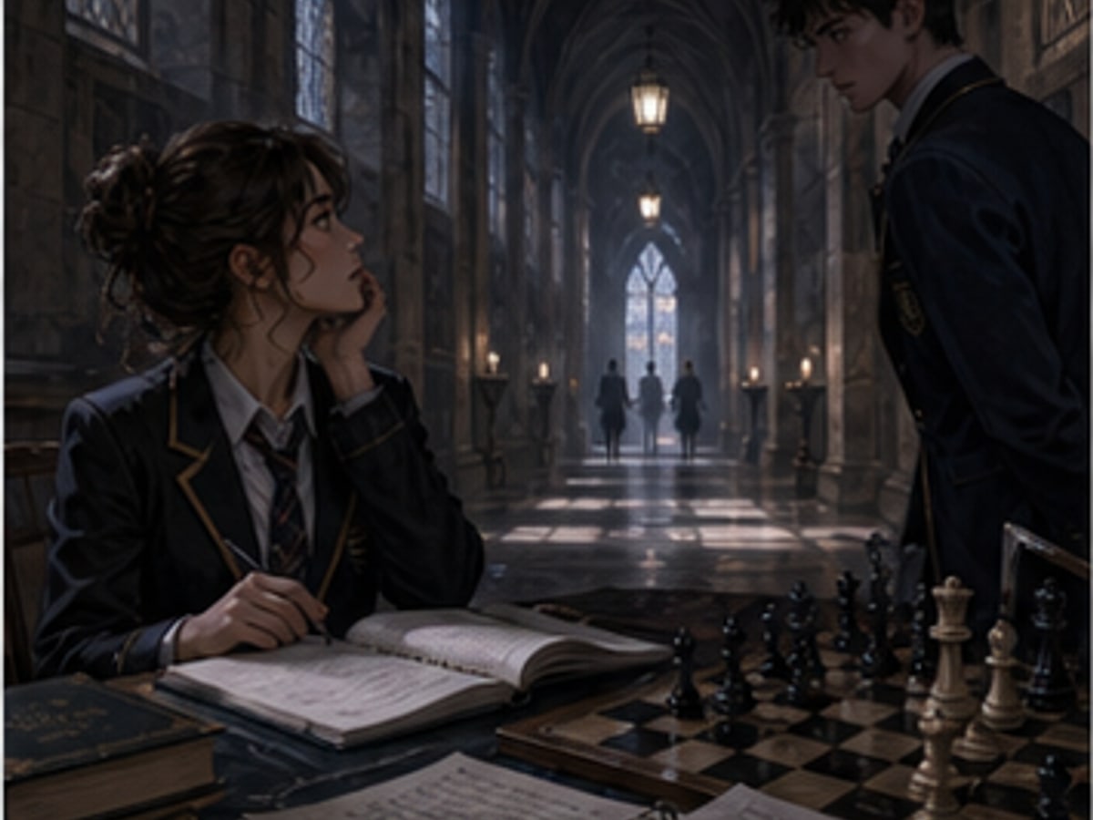 An old academy corridor with students, notebooks, and chessboard tension
