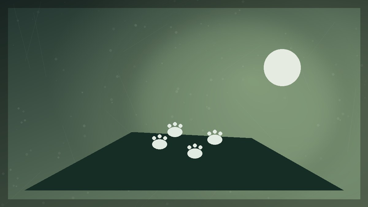 A lone wolf track crossing a misty forest path toward distant pack lights