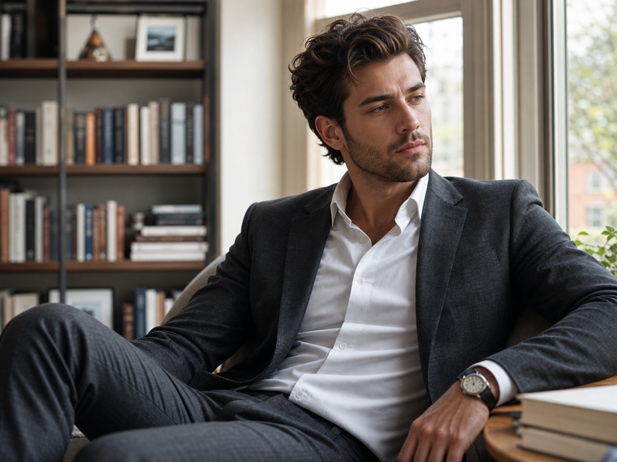 A thoughtful man in a tailored suit beside a library window