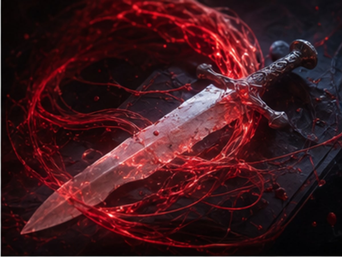 A pale ancient blade surrounded by a red magical blood bond