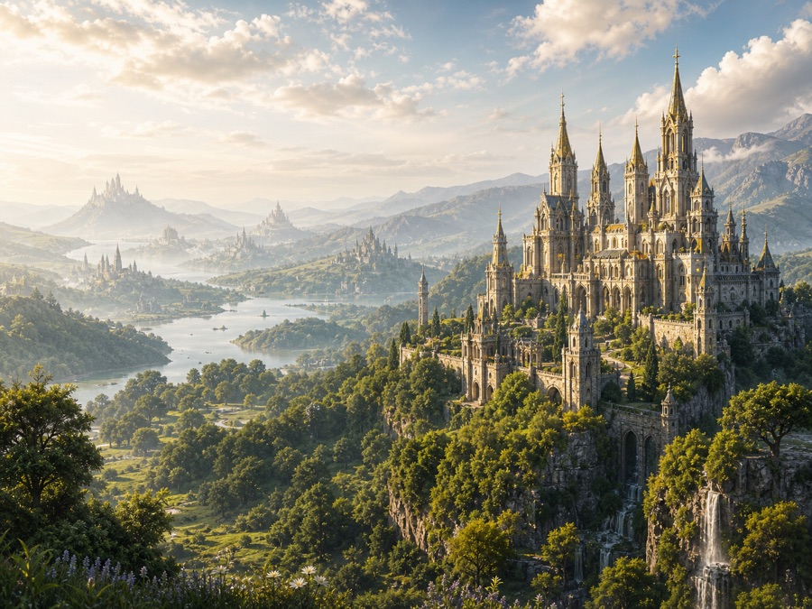 A vast green fantasy valley filled with castles and distant realms