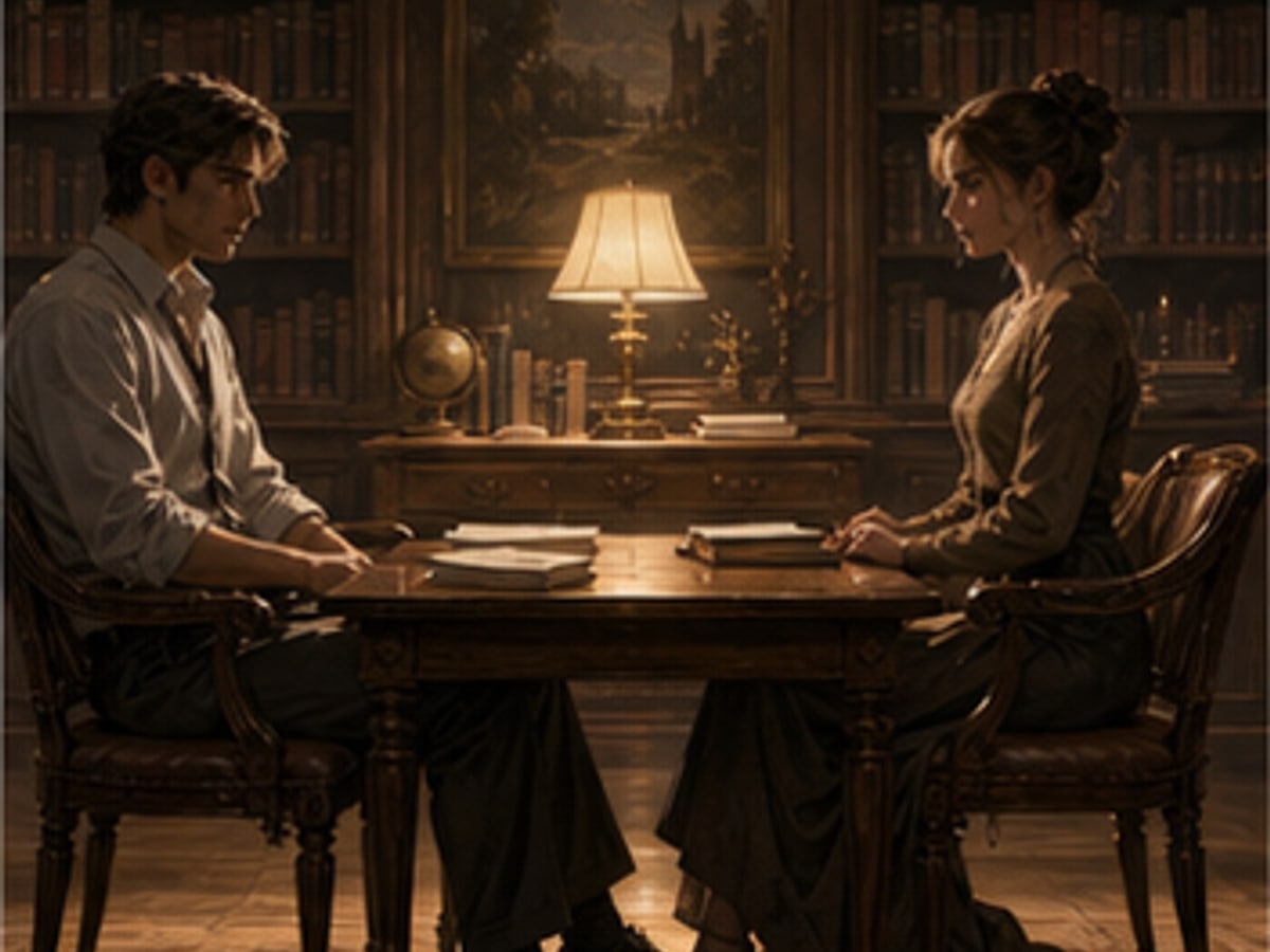 A private study table with two chairs held apart under warm lamplight