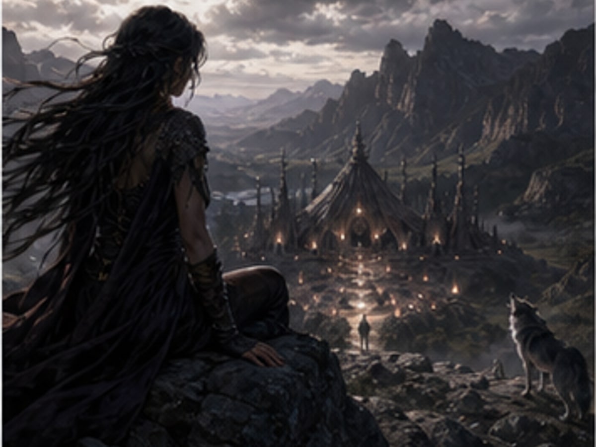An exiled luna overlooking a distant pack hall from a stormy ridge