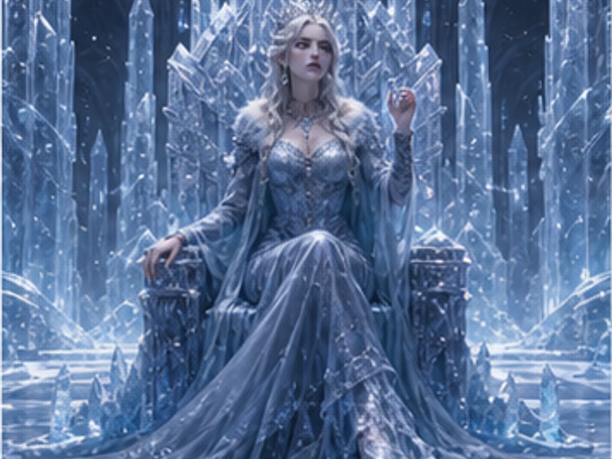 An ice queen seated in a crystal throne room with controlled cold power