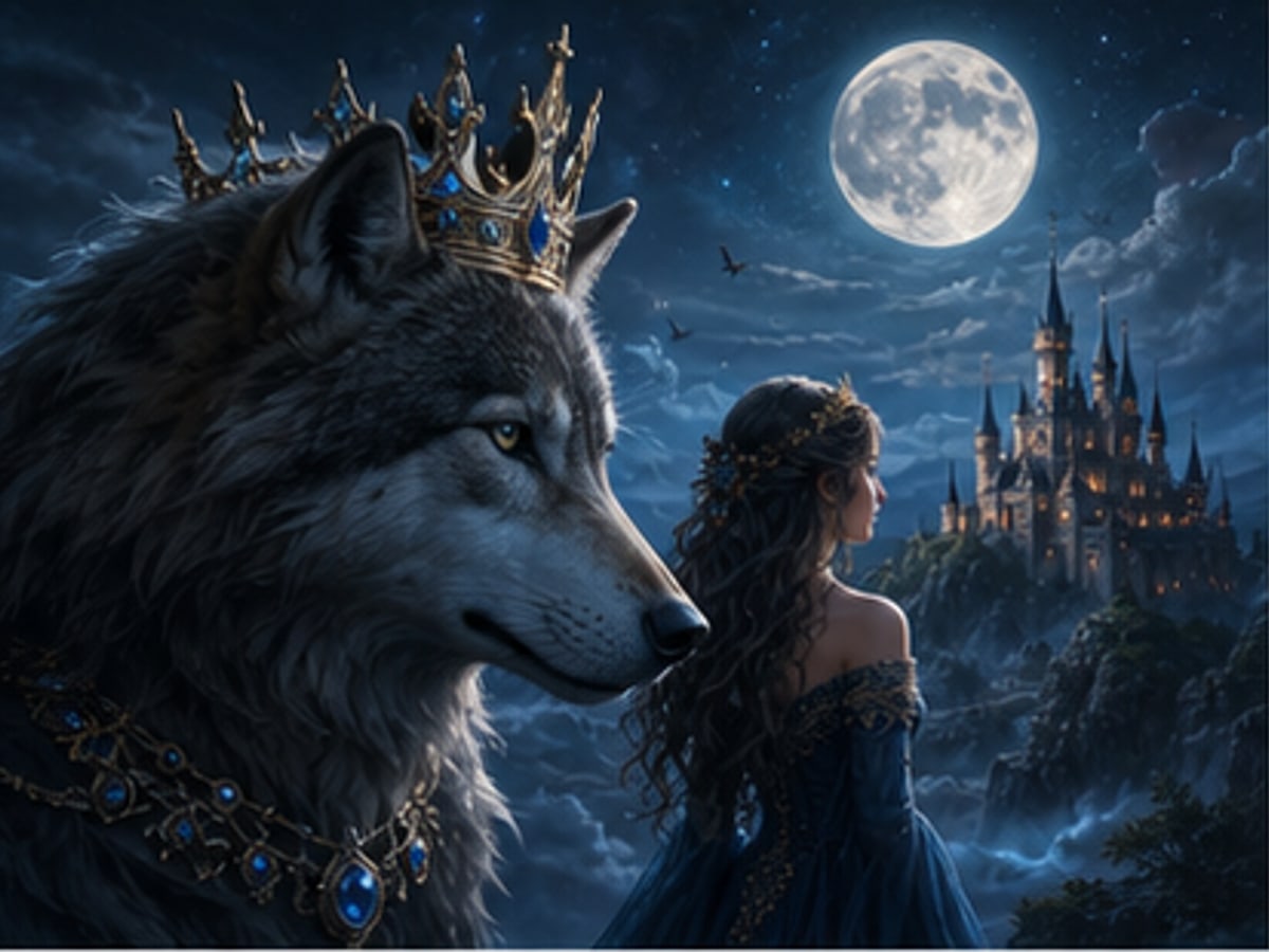 A moonlit lycan princess scene with a crowned wolf and distant castle