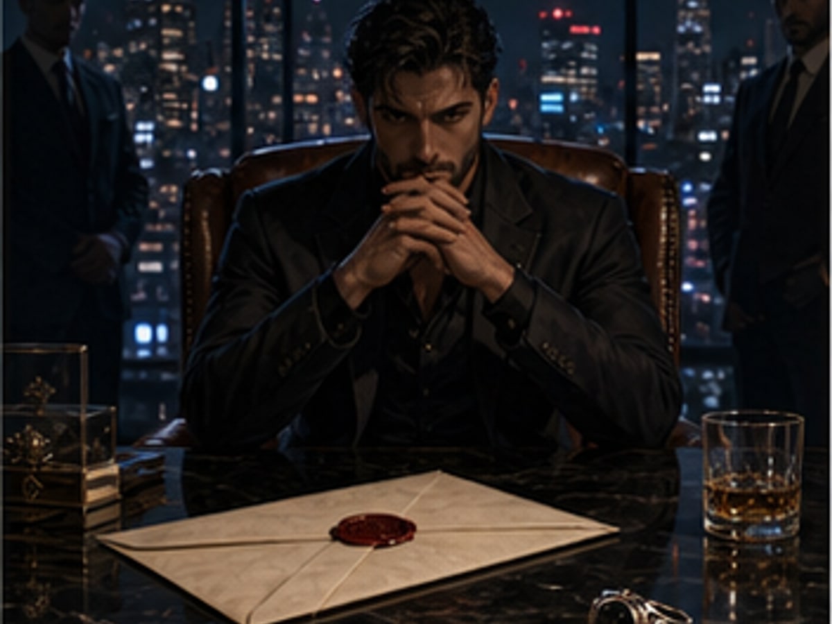 A sealed document and ring on a dark city table in a mafia romance setting
