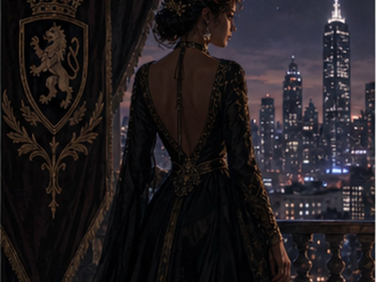 An elegant mafia princess silhouette beside a family crest on a city balcony