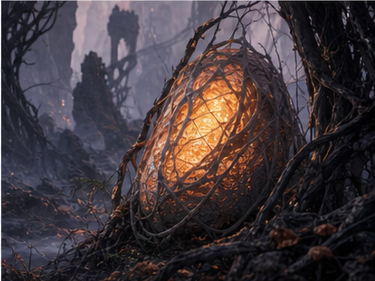 A glowing fantasy cocoon hidden inside a strange wilderness