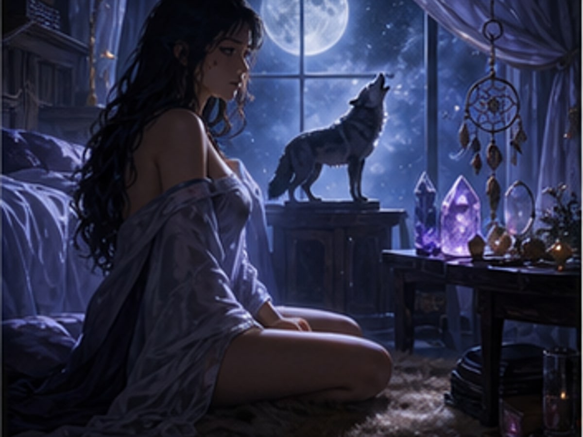 An omega heroine in a moonlit room surrounded by protective symbols