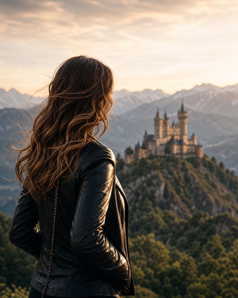 A woman looking toward a distant mountain castle at sunset