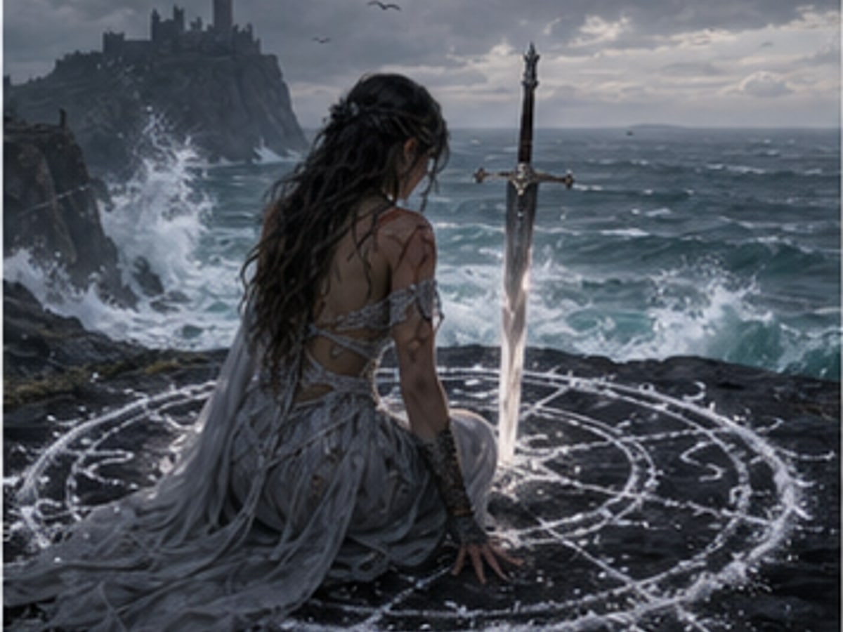 A salt circle and oath blade on an ocean cliff under a gray sky