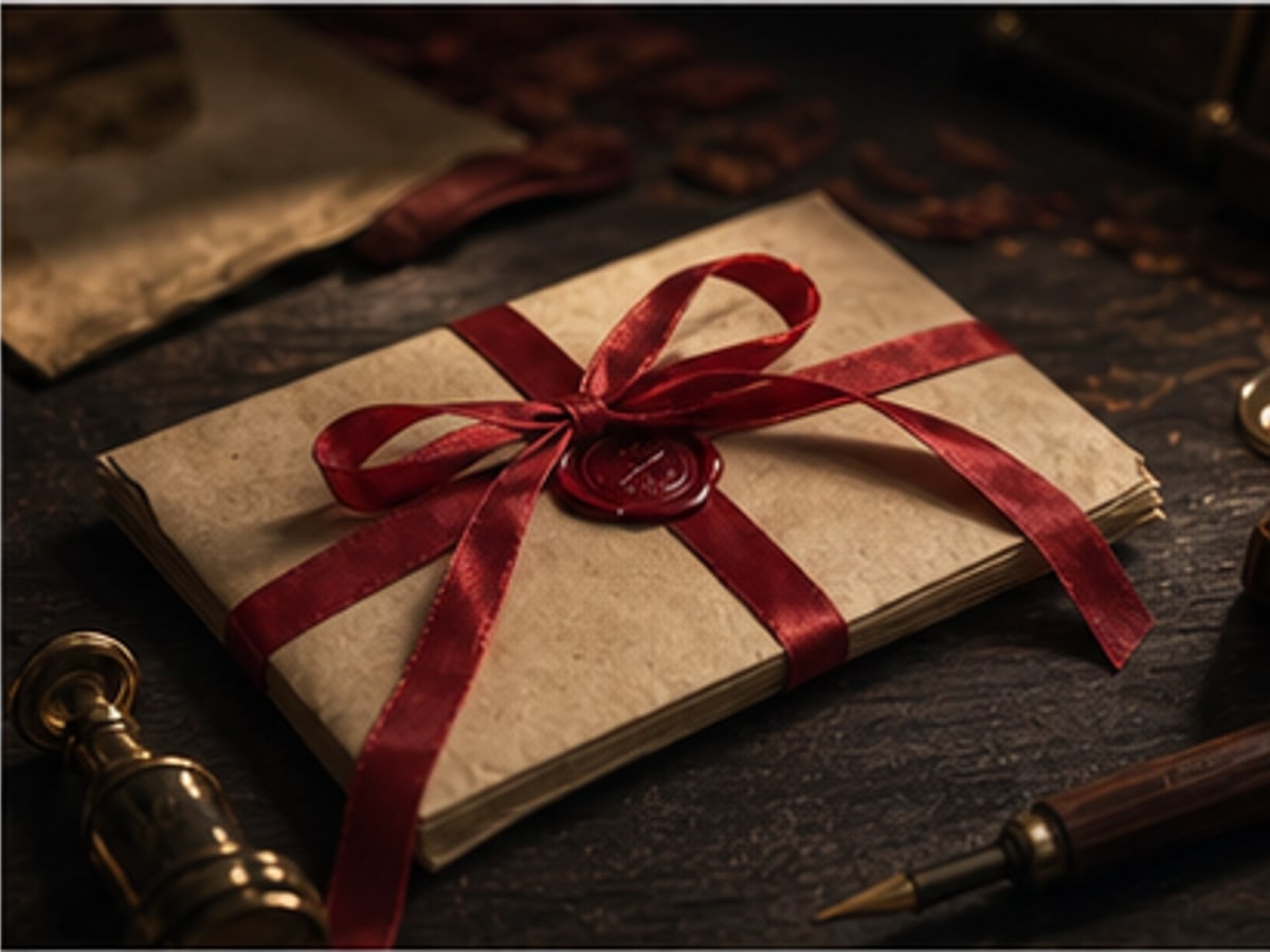 A sealed promise letter tied with a red ribbon under low light