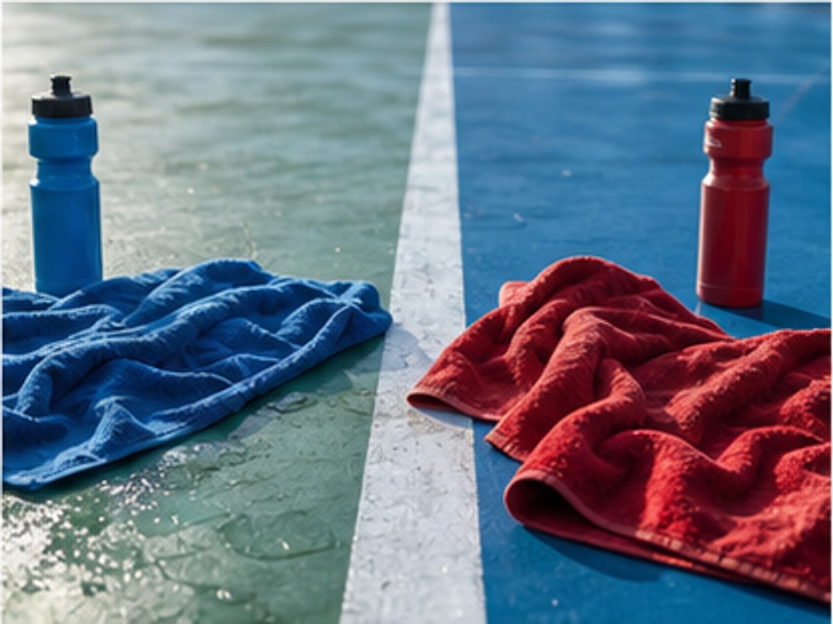 Two rival towels and water bottles on a bright sports court line