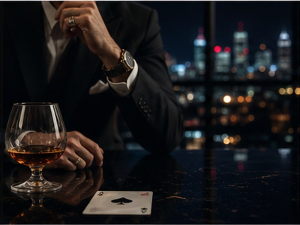 A villain romance table with cognac, a playing card, and city lights